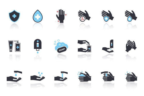 洗手图标设置。包括图标，如洗，肥皂，擦拭，卫生和更多。图片下载