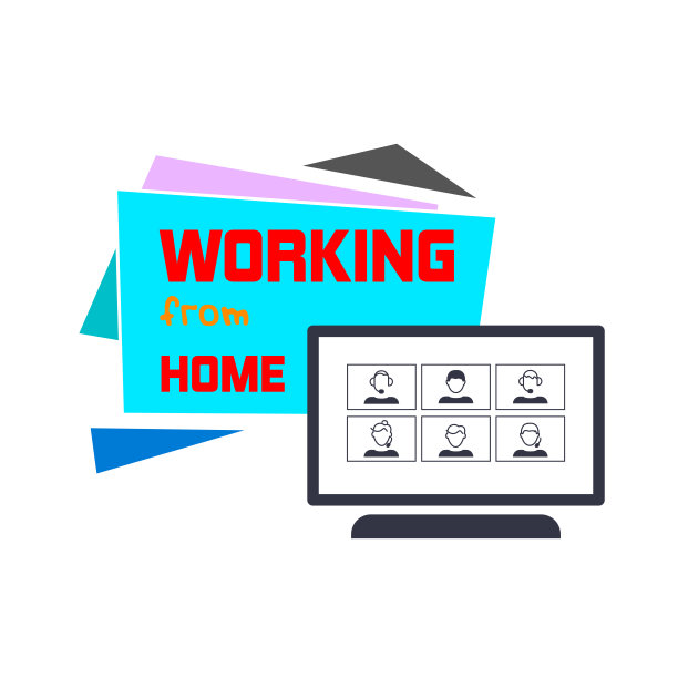 呆在家里工作。视频会议说明。工作场所，笔记本电脑屏幕，一群人在网上聊天。流媒体，网络聊天，在线会见朋友。冠状病毒、检疫隔离。图片下载