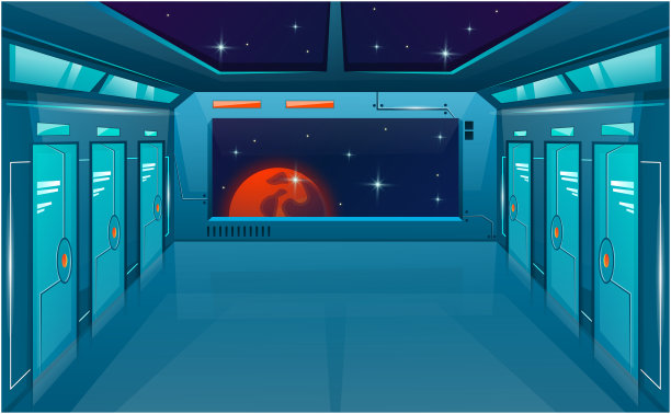 太空船走廊，有关闭的门和大窗户或视口。矢量卡通背景未来的室内房间。空间外。宇宙向量场图片下载