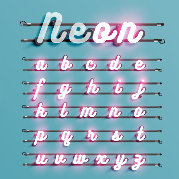 现实的霓虹灯字体与电线和控制台，矢量插图图片下载