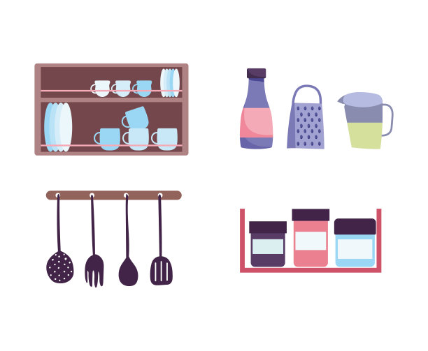 厨房用具餐具架与香料烹饪图标设计图片下载