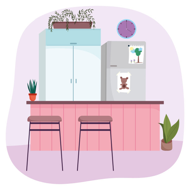 厨房内部，冰箱，家具，椅子，钟表和盆栽设计图片下载