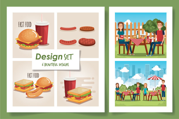 六个设计野餐场景，美味的食物图片下载