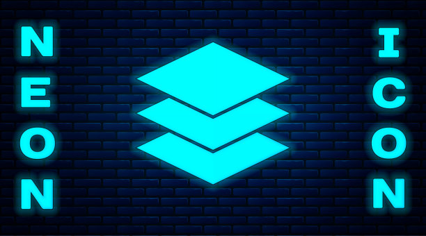 发光的霓虹层服装纺织图标孤立在砖墙的背景。面料特征元素。矢量图图片下载