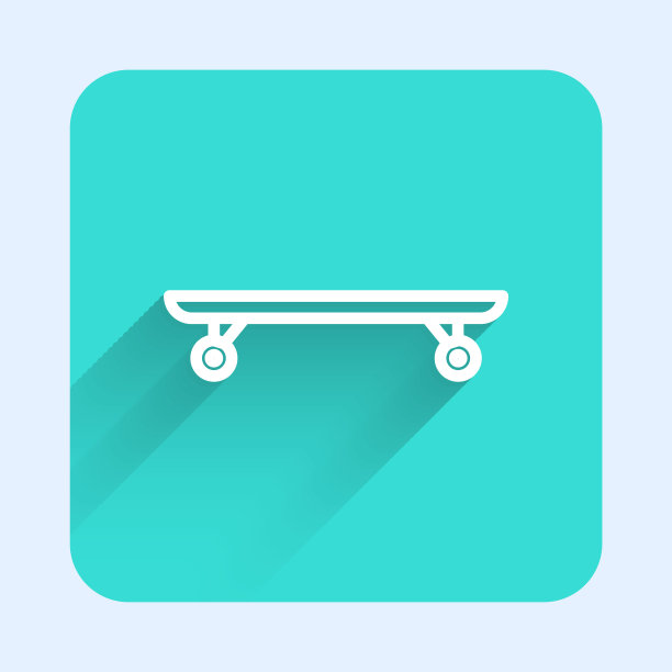 白色线长板或滑板巡洋舰图标孤立与长影子。极限运动。运动设备。绿色广场按钮。矢量图图片下载