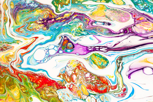 油画混合抽象背景。彩虹大理石纹理。丙烯酸液体流动彩色壁纸。创意紫、黄、蓝画漩涡、波浪。多色水彩图案，流体效果。图片下载