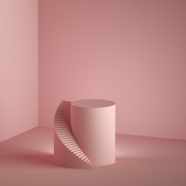 3d渲染，最小的粉红色背景与复制空间。抽象楼梯，空的圆形讲台，空的带楼梯的圆柱底座，商店产品展示架，陈列柜，空白模型图片下载