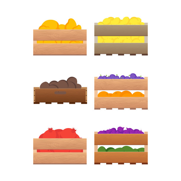 卡通色彩的箱子新鲜的水果和蔬菜图片下载