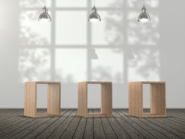 木架展示，空白产品架在空房间，有灯和窗影，墙上有树影，3d渲染。图片下载