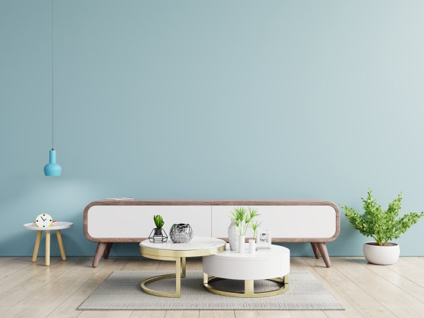 客厅的橱柜和电视墙，蓝色的墙。素材图片