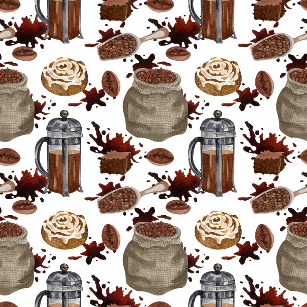 水彩咖啡无缝图案。手绘复古咖啡元素和热饮在白色的背景。早餐的背景图片下载