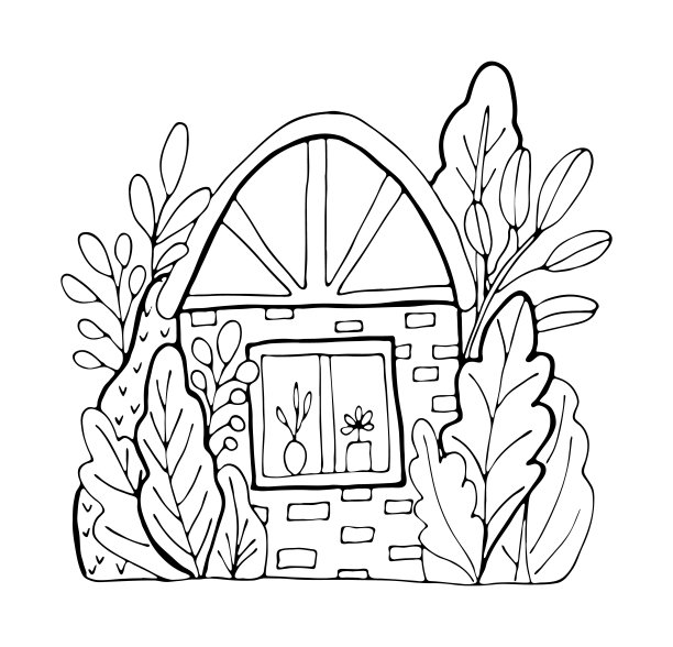 手绘涂鸦卡通屋村。黑白可爱的建筑线条艺术矢量插图。图片下载