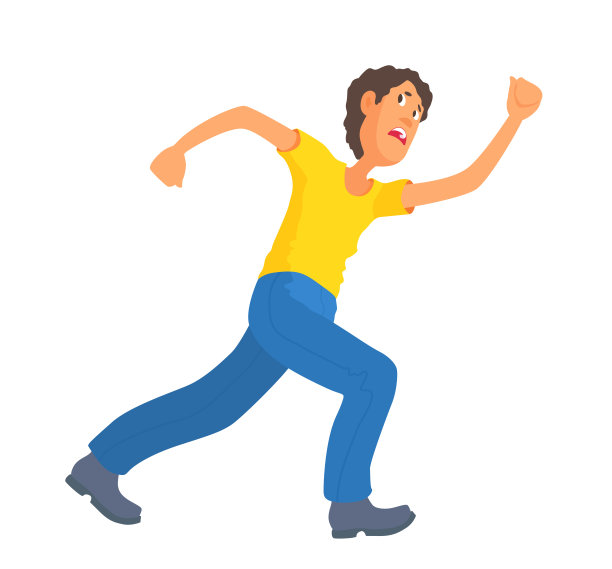 一个穿t恤和牛仔裤的男人从什么地方跑开了。惊恐的脸，回头看。图片下载