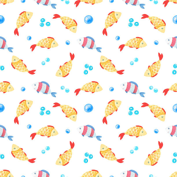 水彩金鱼，条纹鱼与泡沫在白色的背景。海洋无缝模式图片下载