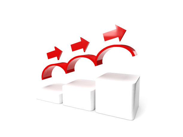 红色箭头表示成功。市场网上经营理念。柱状图业务增长与上升箭头。成功理念，3d渲染。图片下载