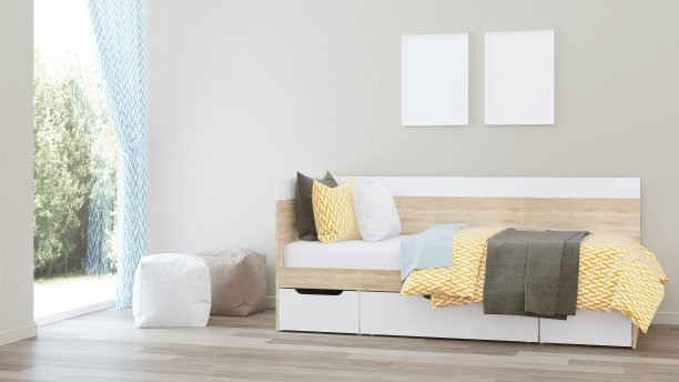 有黄色被褥的婴儿床。3 d渲染。图片下载