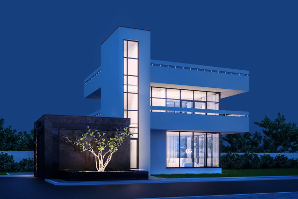 现代住宅与白色石膏与一个阳台和一个高楼梯，在寒冷的夜晚光与温暖的光从窗户反对的背景树和白色栅栏3D股票插图。图片下载