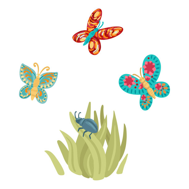 草中的甲虫和蝴蝶飞元素图片下载