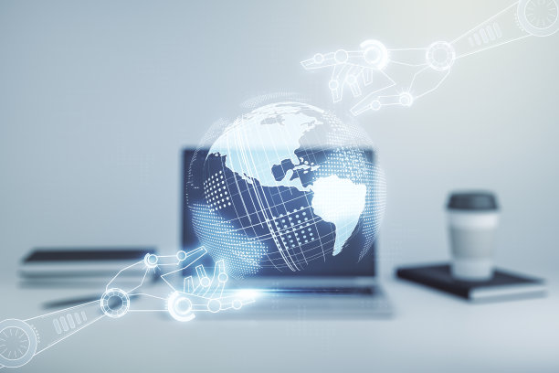 创造性的抽象机器人技术全息图与全球在现代计算机背景下，人工智能和机器学习的概念。多接触图片下载