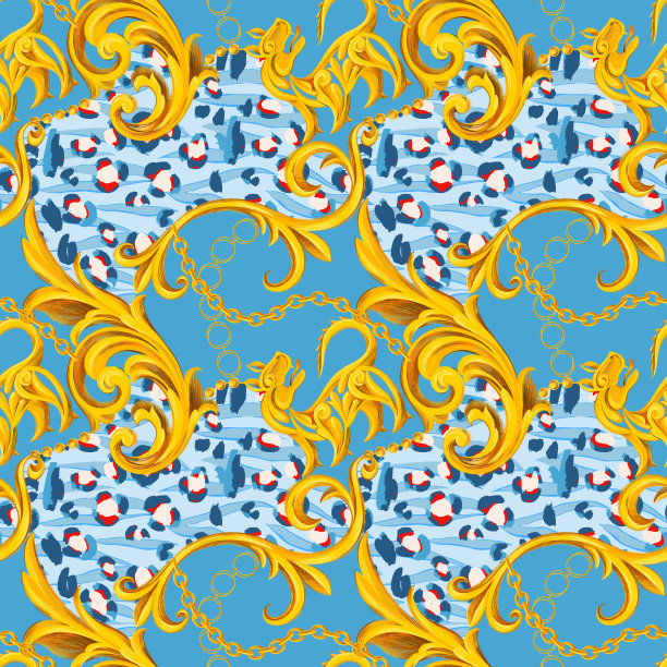 时尚无缝图案与巴洛克洛可可边框元素与动物皮纹纹理混合图片下载
