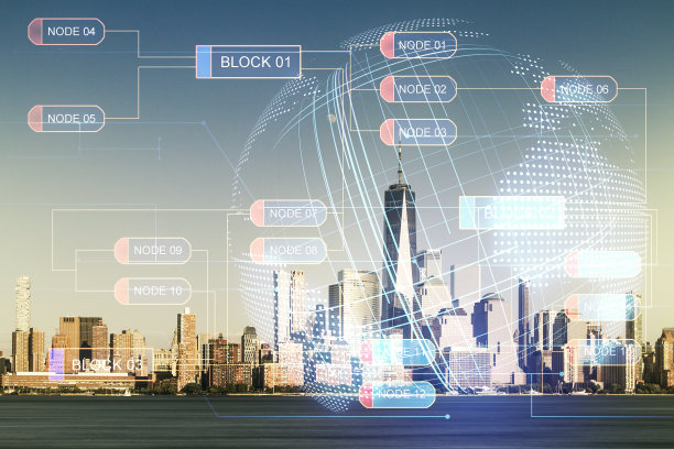 抽象创意编程插画和世界地图的双重曝光在纽约市办公大楼背景，大数据和区块链概念图片下载