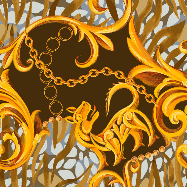 时尚无缝图案与巴洛克洛可可边框元素与动物皮纹纹理混合图片下载
