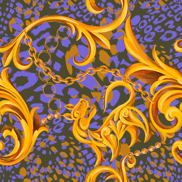时尚无缝图案与巴洛克洛可可边框元素与动物皮纹纹理混合图片下载