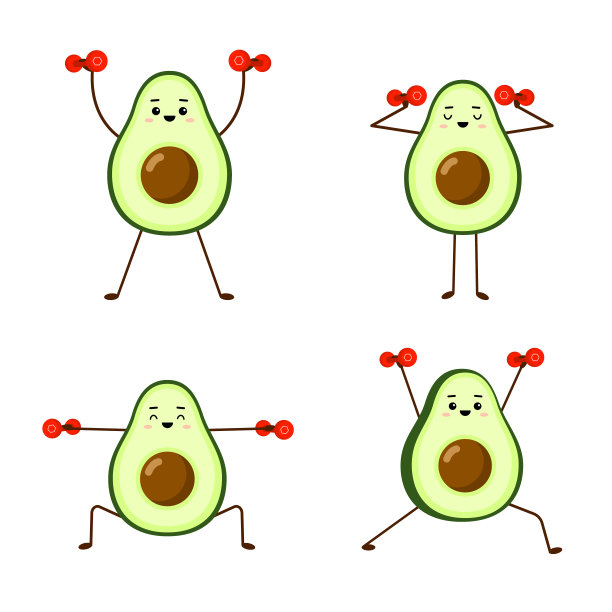 一套牛油果运动与红色哑铃。牛油果字符设计的白色背景。早操。可爱的插图贺卡，贴纸，织物，网站和印刷品。图片下载