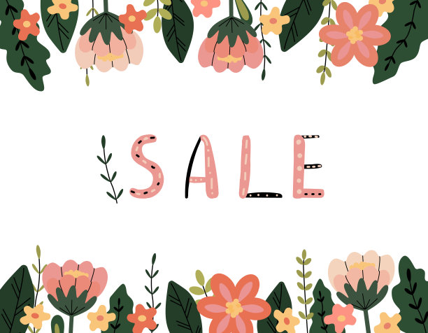 用树叶、树枝和花创建横幅、海报或传单的模板。水平边框，手绘字体。图片下载