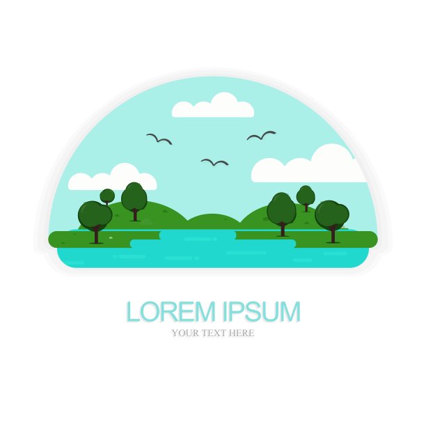 自然标志向量水坑，树，云和飞翔的鸟。图片下载