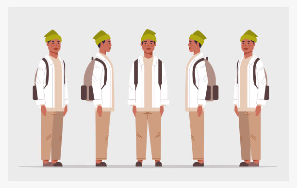 设置休闲男子正面侧视图男性角色不同的视图为动画全长水平素材图片