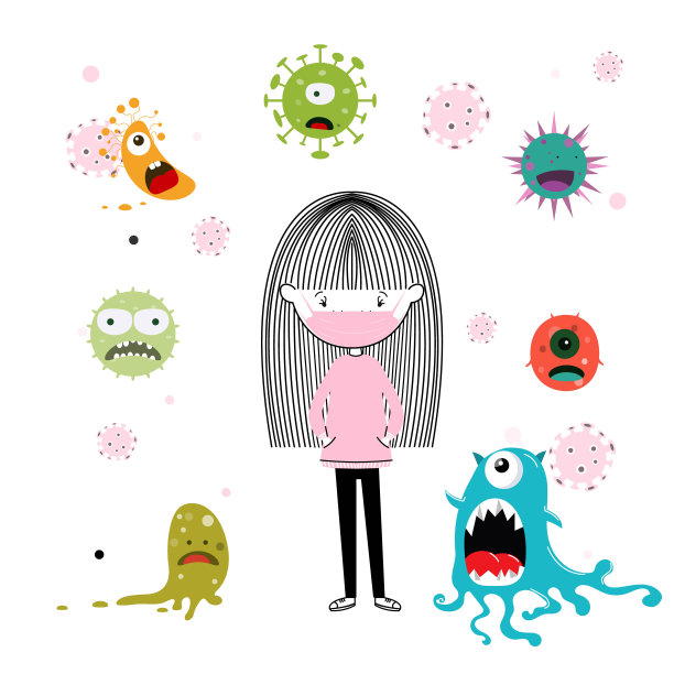 可爱的小女生戴着口罩抵御新冠病毒、病媒细菌设计图片下载