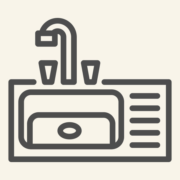 厨房洗脸盆线图标。金属水槽与水龙头符号，轮廓风格象形文字上的米色背景。厨房家具标识的移动概念和网页设计。矢量图形。图片下载