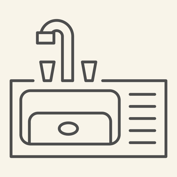 厨房面盆细线图标。金属水槽与水龙头符号，轮廓风格象形文字上的米色背景。厨房家具标识的移动概念和网页设计。矢量图形。图片下载