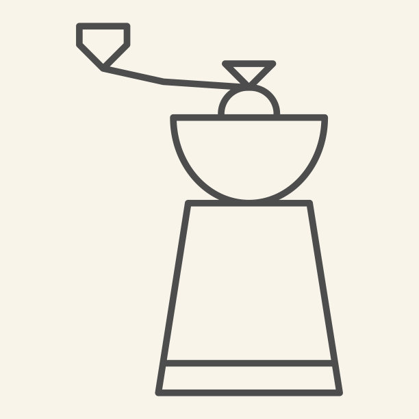 咖啡研磨机细线图标。咖啡磨符号，米色背景上的轮廓风格象形文字。磨床标志的移动概念和网页设计。矢量图形。图片下载