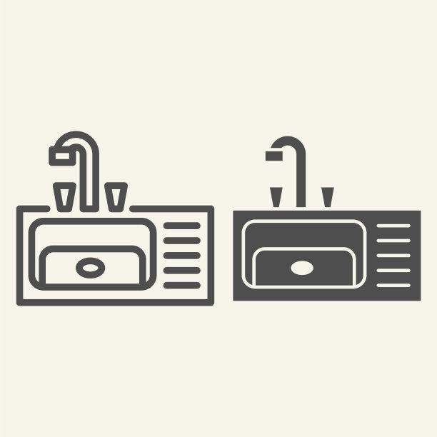 厨房洗脸盆线和固体图标。金属水槽与水龙头符号，轮廓风格象形文字上的米色背景。厨房家具标识的移动概念和网页设计。矢量图形。图片下载