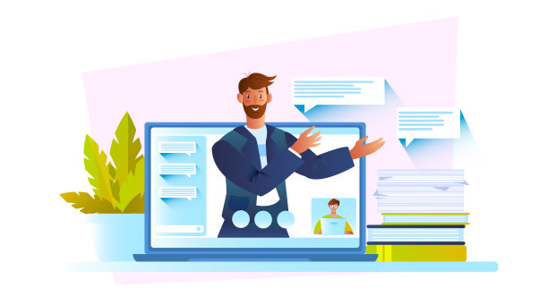 在线教育向量概念与自信的男性性格，笔记本电脑屏幕，书籍，室内植物和信息。图片下载