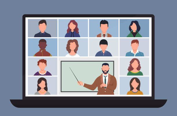 在线课堂。小学生或学生在家里用电脑学习。通过电话会议在家学习。冠状病毒隔离期间使用笔记本电脑进行视频电话会议。远程教育概念矢量插图图片下载