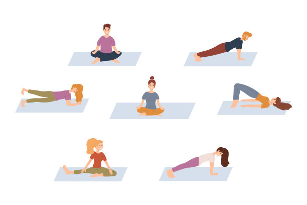 一组微笑的年轻人:男女做体育活动。运动和健康的生活方式，锻炼锻炼。瑜伽和冥想概念。平面卡通矢量插图。图片下载