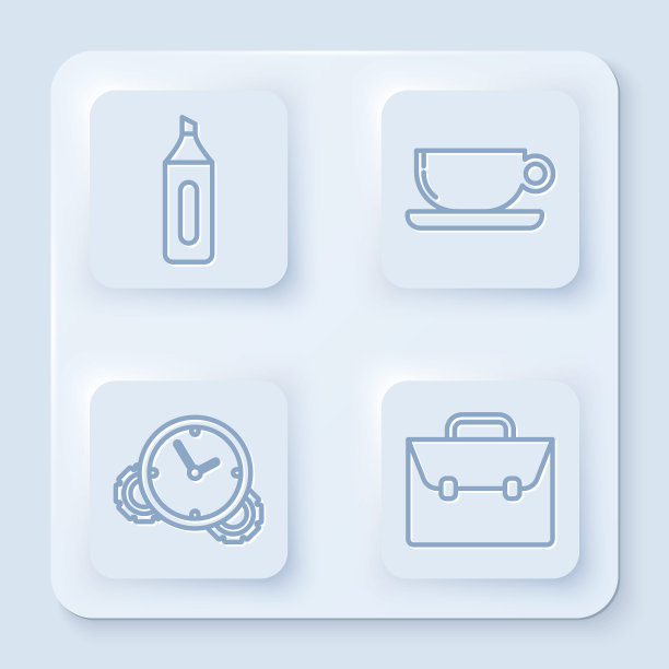 设置线笔，咖啡杯，时间管理和公文包。白色正方形按钮。向量图片下载