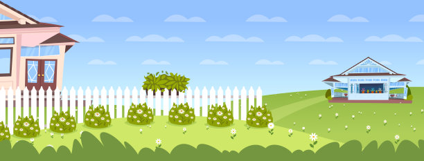 美丽的春色景观与屋舍建筑平齐素材图片