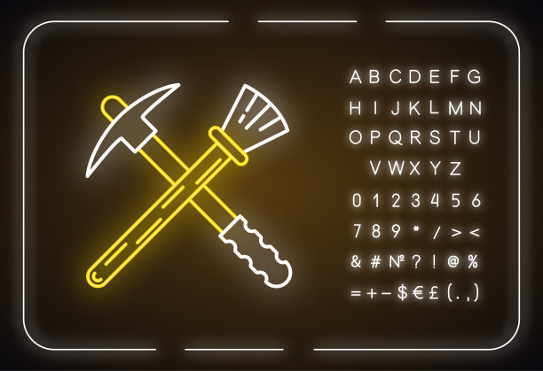 考古学家工具霓虹灯图标。恢复。改造设备。重建古代手工制品。古生物学。有字母、数字和符号的发光符号。向量孤立的插图图片下载