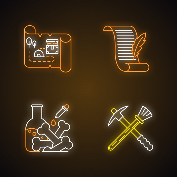 考古霓虹灯图标集。宝藏地图。古代手稿。实验室研究。恢复设备。历史的发现。诗歌,信。发光的迹象。向量孤立的插图图片下载