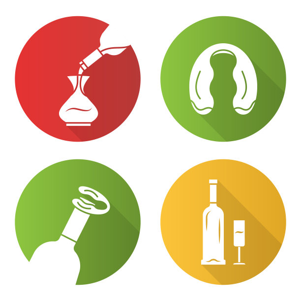 酒厂餐具和工具平面设计长影字形图标集。切纸机、醒酒器、酒杯、酒瓶。餐厅,酒吧,酒吧。侍酒师的设备。向量轮廓图图片下载