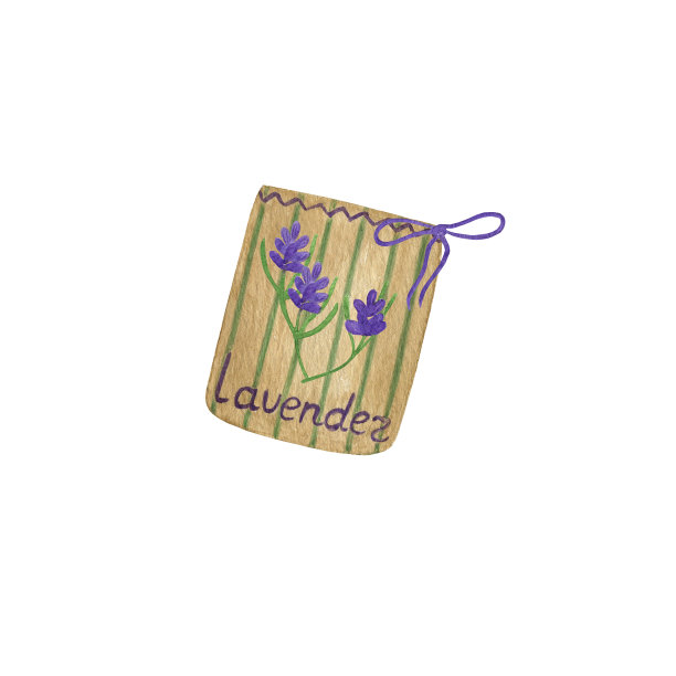 方形条纹薰衣草香囊与紫罗兰缎带和花朵装饰孤立在白色背景，水彩插图的问候卡纺织旅游用品，法国普罗旺斯的象征图片下载