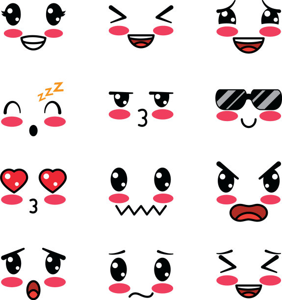 孤立卡哇伊卡通脸图标集图片下载