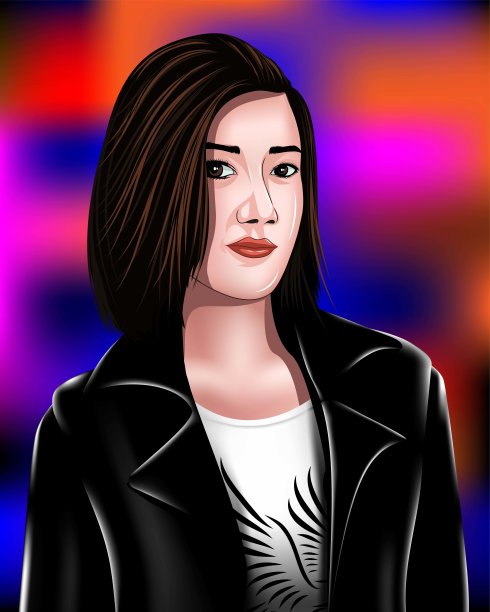 矢量图像美丽的妇女谁穿黑色皮夹克摩托车风格在全息背景。图片下载