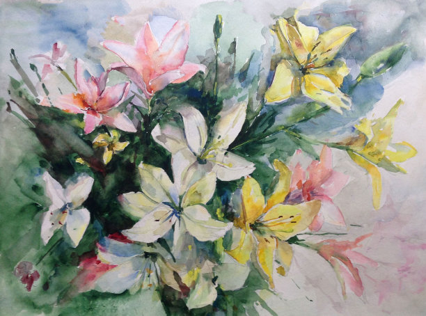 美丽、温柔、浪漫的花束，黄色的粉红色和白色的花图片下载