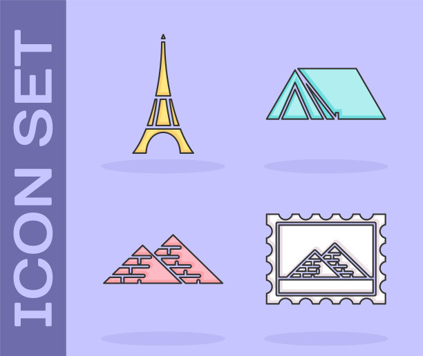 邮票上印有埃及金字塔、埃菲尔铁塔、埃及金字塔和旅游帐篷等标志。向量图片下载