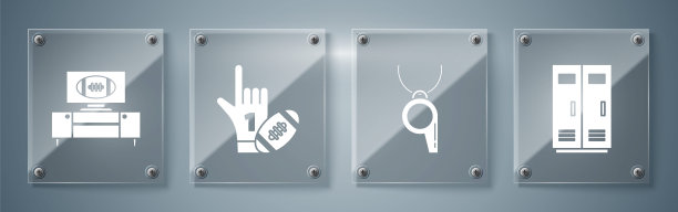 为足球、篮球队或工作人员设置更衣室或更衣室，Whistle, 1号1球迷举起手指手套和美国足球电视节目和看台。方形玻璃面板。向量图片下载